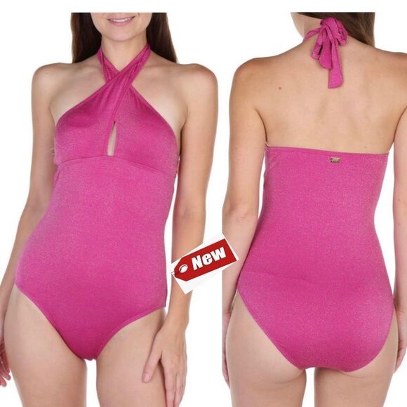 𝅺JONES New York Women's Solid Glitter One Piece Swimsuit Fuchsia Sz L NWT - Picture 1 of 10